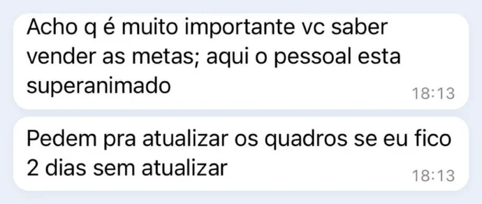 Print de depoimento: “Pedem pra atualizar os quadros se eu fico 2 dias sem atualizar”