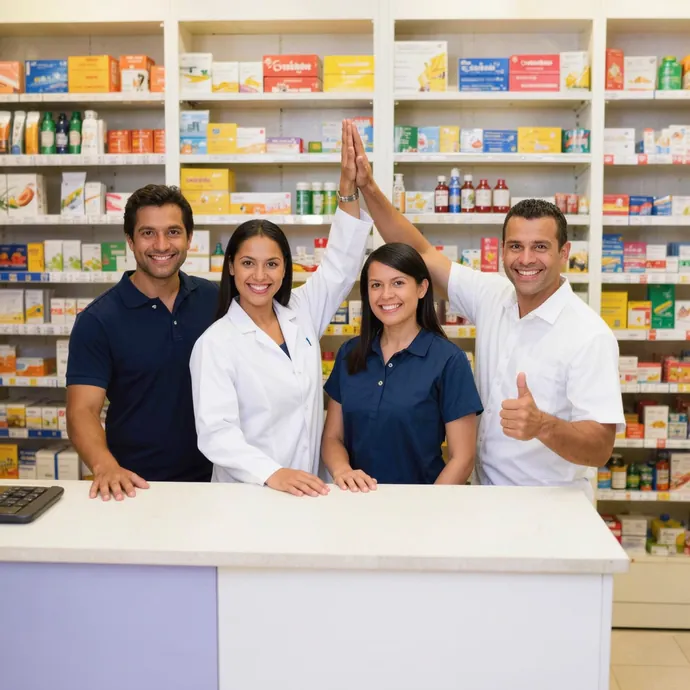 Equipe de farmácia comemorando